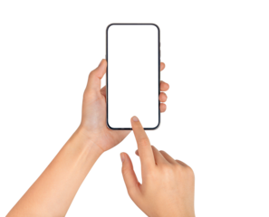 Hand using smartphone with blank screen isolated on transparent PNG.
