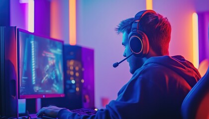 Excited Teenage Arabic Gamer Playing Video Game In Neon-Lit Esport Cyber Games Tournament, Wearing Headphones On Personal Computer. Amused By Virtual Reality. Plenty Of Copy Space.