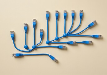 Blue ethernet cables arranged to resemble a tree or branching structure on a beige background.