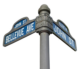 Street sign designating a corner of John street and Bellevue avenue.