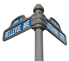 Street sign designating a corner of John street and Bellevue avenue.