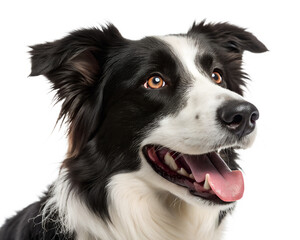 Fototapeta premium Close up portrait of a happy black and white border collie dog with bright eyes and an open mouth panting isolated on transparent background