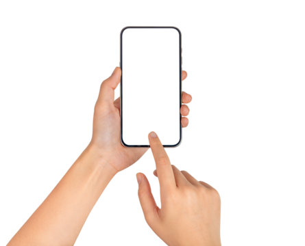 Hand using smartphone with blank screen isolated on transparent PNG.
