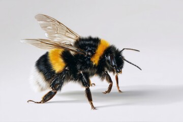 Close-up View of a Bumblebee Showcasing Its Furry Body and Delicate Wings on a Light Background