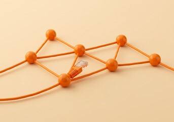 Orange network cable with connector forming a connected node system on a beige background.