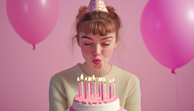Joyful Eighteen-Year-Old Celebrates Birthday In Party Hat, Makes A Wish, Blows Out Candles On Cake At Home. Ample Copy Space Available