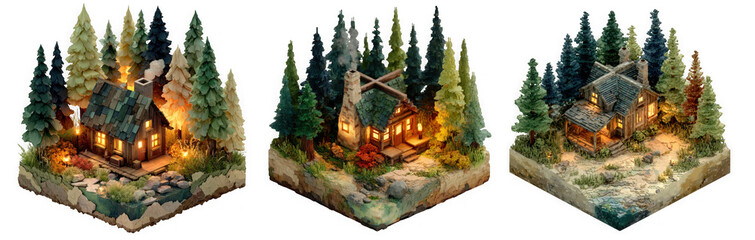 Fototapeta premium Cozy cabins nestled within a dense forest, illuminated warmly against the evening landscape isolated on transparent background