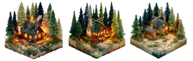 Cozy cabins nestled within a dense forest, illuminated warmly against the evening landscape isolated on transparent background