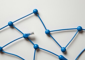 Network diagram with blue cables and connectors, showing a connection point with a visible ethernet plug.