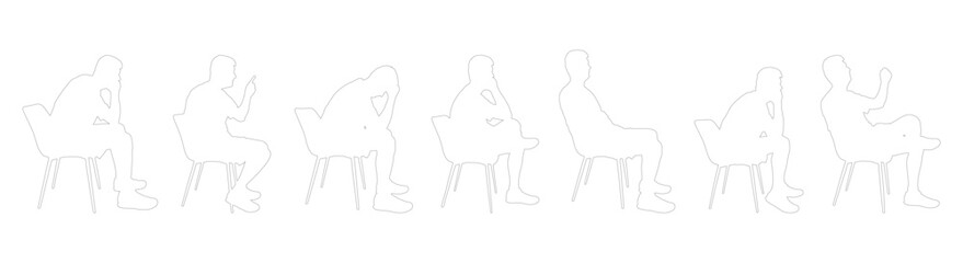 Silhouette of man sitting on chair, side view. Thoughtful, sad, relaxing person. Vector illustration