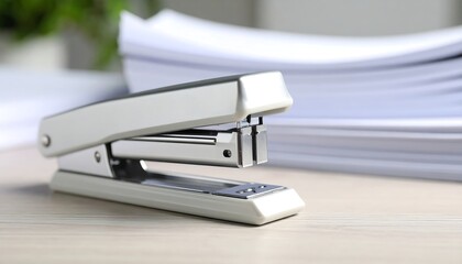 Silver stapler on a light wooden desk, papers stacked in background