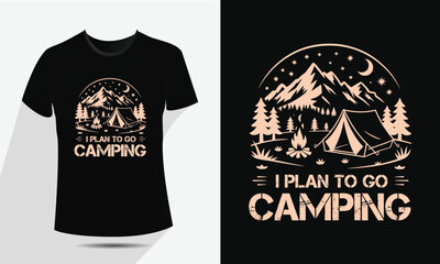 Vintage Camping and Mountain T-Shirt Design, Vector Outdoor Nature Adventure Badge with Tent, Fire, and Moon