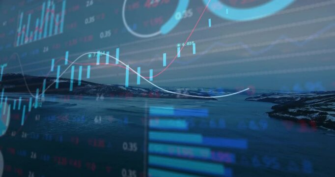 Dusk coastal view initiating financial overlays fading, candlesticks rising and ring charts pulsing