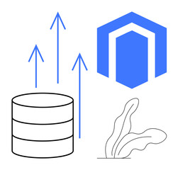 Cylinder database with arrows signifying growth, a blue geometric logo, and minimalist plant decoration. Ideal for technology, growth, innovation, platform, analytics, sustainability futuristic