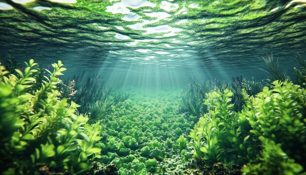 Exploring The Underwater Freshwater Green Landscape: A Dive Into The Lake Ecosystem, Abundant Algae, And Fresh Green Water