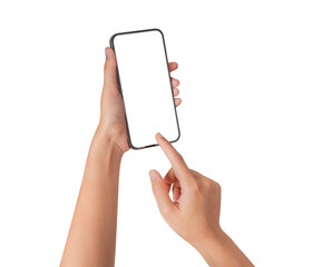 Hand using smartphone with blank screen isolated on transparent PNG.