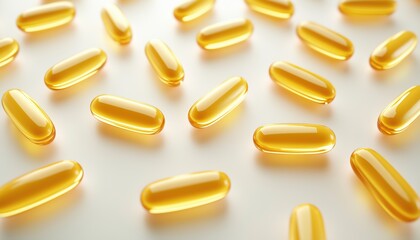 Yellow Omega-3 Capsule Pattern: Assorted Gold Pills In A Horizontal Medical Cosmetology Wallpaper. Medicine Vitamin Grey Design With Trendy Hard Shadows. Wide Variety Of Supplements.