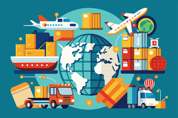 Illustration depicting global logistics and transportation, featuring cargo ships, airplanes, trucks, and the world map. Perfect for concepts of worldwide shipping, freight, and international trade.