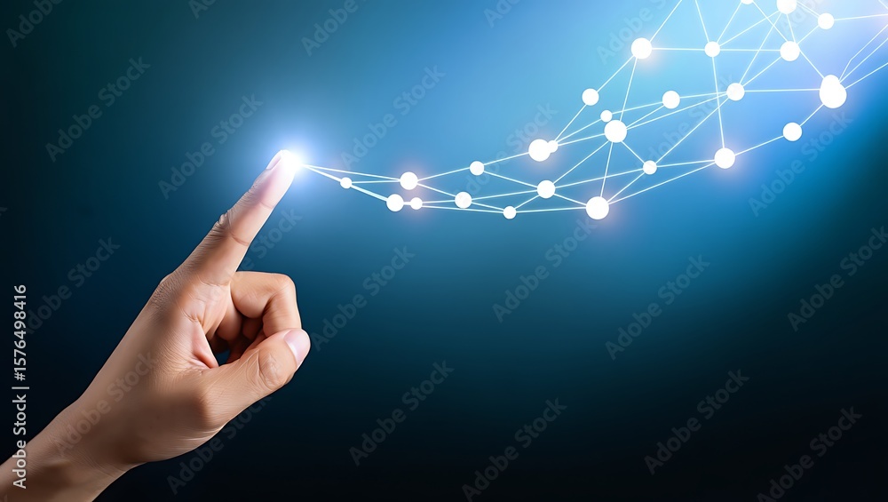 Poster connecting the dots: human hand interacting with a glowing network, futuristic interface: hand touch
