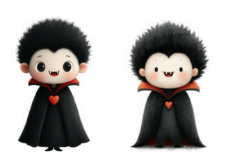 Two cute cartoon vampires with black capes and red hearts, isolated on transparent background