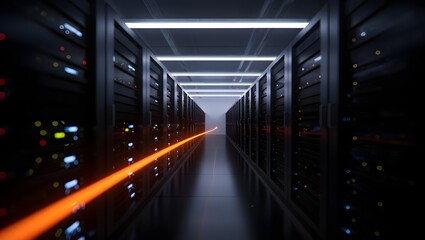 Obraz premium Perspective view of a server room with a light trail