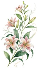 Delicate pink lily bouquet with green leaves flowers