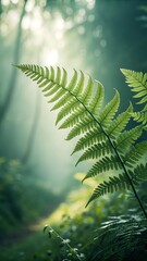 Fototapeta premium Delicate green fern fronds in misty forest leaf
