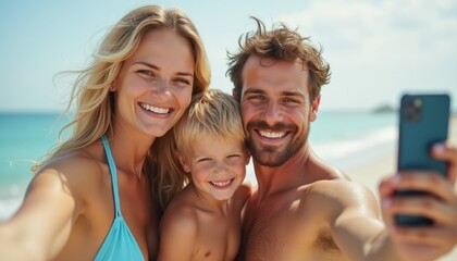 Fototapeta premium Joyful family capturing a sunny beach moment