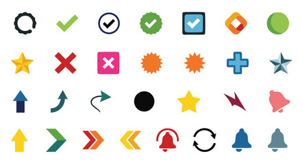 Diverse collection of flat design icons showcasing essential symbols with simple shapes and vivid