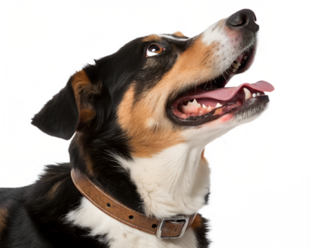 Close up portrait of a happy appenzeller sennenhund dog with its mouth open and tongue out looking up expectantly isolated on transparent background