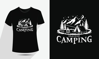 Vintage Camping and Mountain T-Shirt Design, Vector Outdoor Nature Adventure Badge with Tent, Fire, and Moon