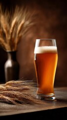 Craft Beer in a Tall Glass With Wheat Stalks on a Rustic Wooden Table