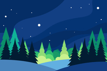 Naklejka premium Winter Scene with Aurora Lights Over a Snowy Pine Forest