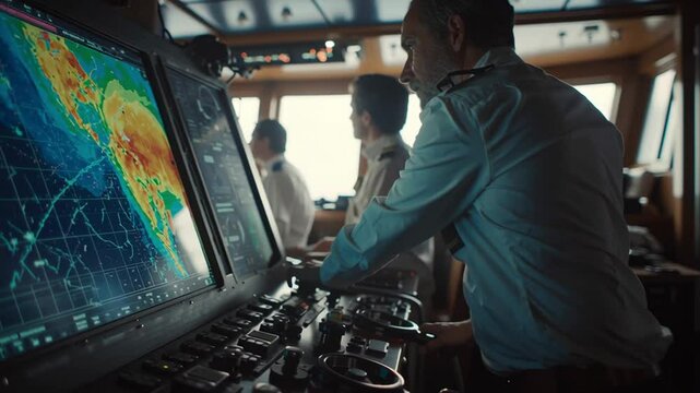 Bridge crew operating navigation computer, checking weather forecasts, monitoring radar data, and managing ship controls during a maritime voyage across the open sea