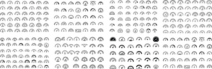 Obraz premium Speedometer and Gauge Icon Set - Vector Dashboard UI Elements for Performance Measurement and Infographics