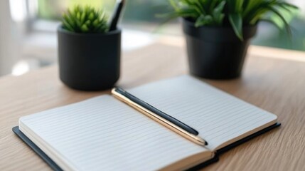 Blank notebook on wooden desk with plant