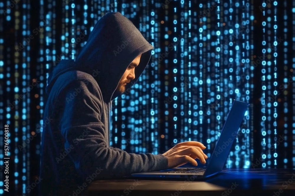 Poster person in hoodie types on laptop with binary code background at night