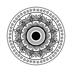 Intricate black and white circular mandala design with star border