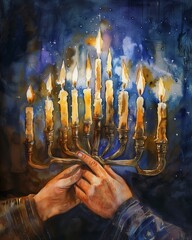 a close-up of hands lighting the Hanukkah menorah, with the glow of the candles illuminating the room