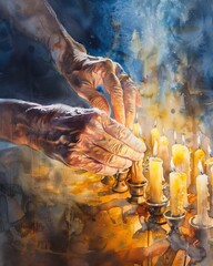 a close-up of hands lighting the Hanukkah menorah, with the glow of the candles illuminating the room