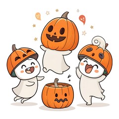 Whimsical Halloween Ghost Trio Cartoon Illustrations