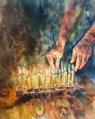 a close-up of hands lighting the Hanukkah menorah, with the glow of the candles illuminating the room