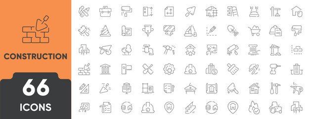 Construction Line Icon Set. Set of 66 outline icons including building, tools, worker, helmet, blueprint, crane, and safety. Editable stroke. Linear vector illustration.