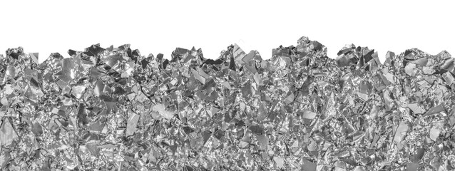Silver foil texture isolated on transparent background. Crumpled metallic foil pieces with sharp reflections and jagged edges. Realistic shiny aluminum fragments for background, overlay, mockup or des