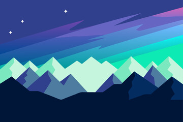 Flat Vector of a Gradient Aurora Sky Over Snowy Mountains