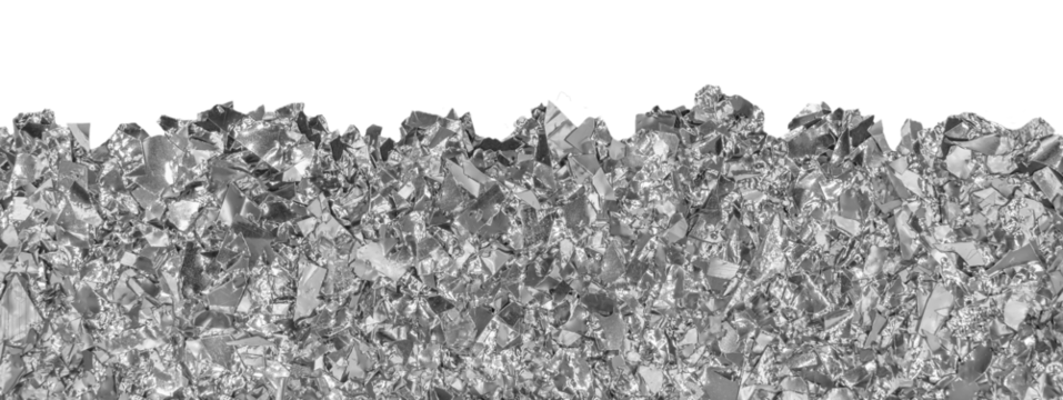 Silver foil texture isolated on transparent background. Crumpled metallic foil pieces with sharp reflections and jagged edges. Realistic shiny aluminum fragments for background, overlay, mockup or des
