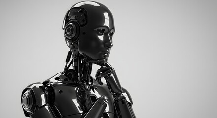 Robot pondering intelligence in black and white showcases futuristic technology, with a sleek humanoid form contemplating artificial consciousness on a clean background.