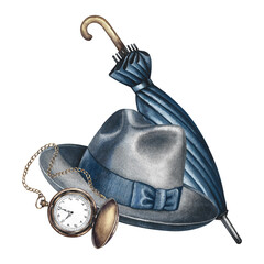 Men's gray hat, vintage pocket watch, and cane umbrella. Hand-drawn watercolor illustration. Suitable for Father's Day and Men's Day celebrations. For banners, flyers, packaging, labels, invitations.