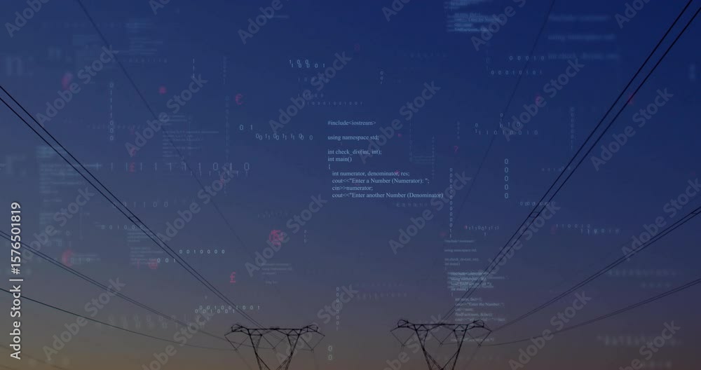 Poster code snippets initiating dusk gradient, drifting, blurring around steel towers showing data flow