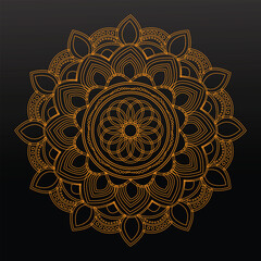 Intricate golden mandala design on a dark black background with radial symmetry